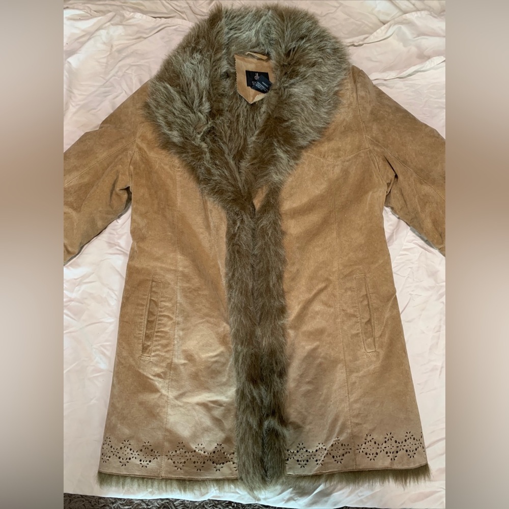 VTG Y2K DB Studio Leather Jacket Small Faux Fur Camel Knee Boho Ranch Diva 70s